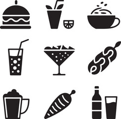 Burger, cocktail, coffee, drink, and pepper icons isolated on white