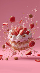 Strawberry Cream Cake on Pink Background &ndash; Delicious Dessert for Advertising, Bakery Branding & Culinary Projects