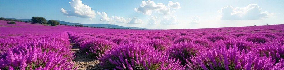 Vibrant Purple Heather in Full Bloom A Stunning Landscape Panorama under a Clear Sky.  Perfect for travel, nature, and landscape photography projects.