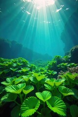 Lush Underwater Sea of Vibrant Green Plants Bathed in Sunlight, Peaceful Aquatic Ecosystem