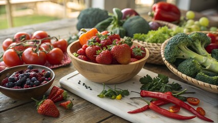 Colorful Organic Fruits and Vegetables,
Healthy Food Assortment on Wooden Table,
Fresh Fruits and Veggies in Heart-Shaped Bowls,
Vibrant Plant-Based Superfoods Display,
background image