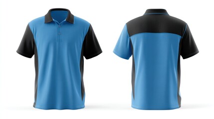 Front and back mockup of a two-tone polo shirt with side panels, displayed on an invisible mannequin, white backdrop, emphasizing color contrast and seam lines
