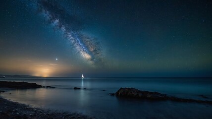 Stars Illuminate a Tranquil Ocean Landscape With a Lone Sailboat Under the Night Sky at the Coastline