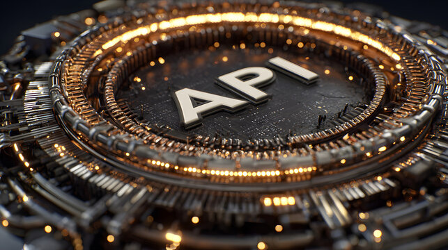 Close up of metallic circular structure with A P I text