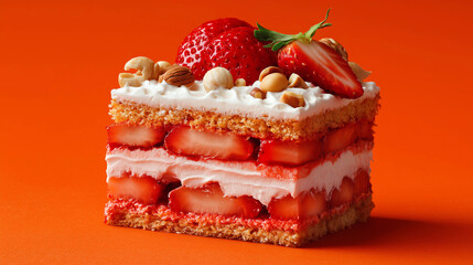 Strawberry Cream Cake on Red Background &ndash; Delicious Dessert for Advertising, Bakery Branding & Culinary Projects