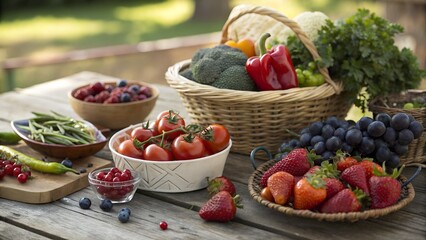 Colorful Organic Fruits and Vegetables,
Healthy Food Assortment on Wooden Table,
Fresh Fruits and Veggies in Heart-Shaped Bowls,
Vibrant Plant-Based Superfoods Display,
background image