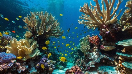 Obraz premium Colorful Underwater Coral Reef Teeming With Diverse Marine Life Near a Tropical Shore During a Sunny Day