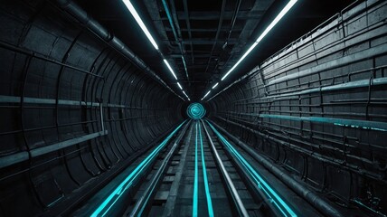 Naklejka premium Vibrant Neon Tunnel With Glowing Tracks Creating a Futuristic Atmosphere in a Subway Environment