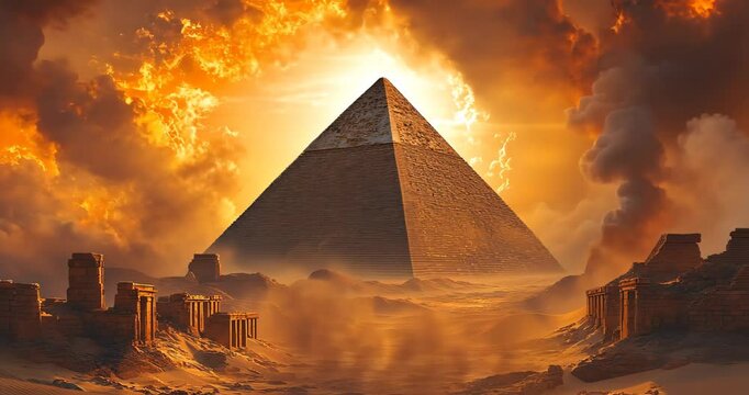 A pyramid stands tall in a desert landscape, surrounded by ruins and a fiery sky.