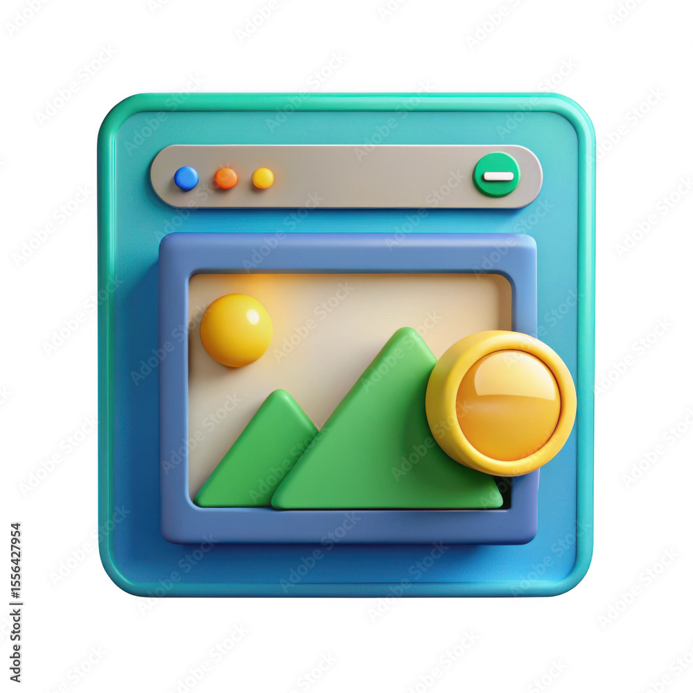 Fototapete 3d rendered digital art gallery window icon with mountains and sun isolated on transparent backgroun