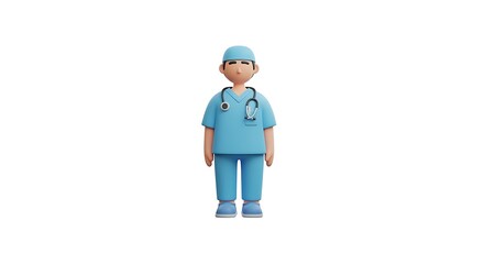 3D model of a doctor in a light blue uniform, standing and facing forward.