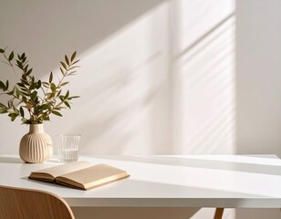 Minimalist home office desk setup with plant, notebook, and glass of water in natural sunlight