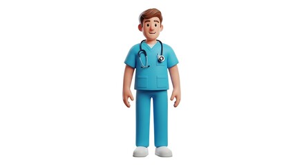 Cartoon illustration of a friendly doctor in a light blue uniform.