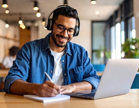 Smiling student wearing headphones taking notes while following online course on laptop