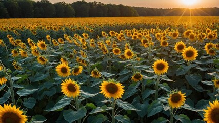 Obraz premium Sunflower Fields Blooming at Sunset With Vibrant Colors in a Natural Landscape