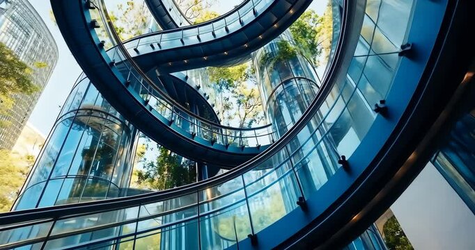Low angle static shot: A glass spiral staircase winds around glass elevators in a modern building.