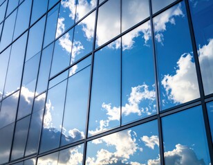 Modern glass skyscraper reflecting blue sky and white clouds