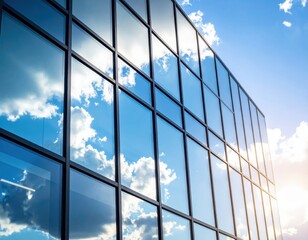 Modern glass building reflecting blue sky and white clouds