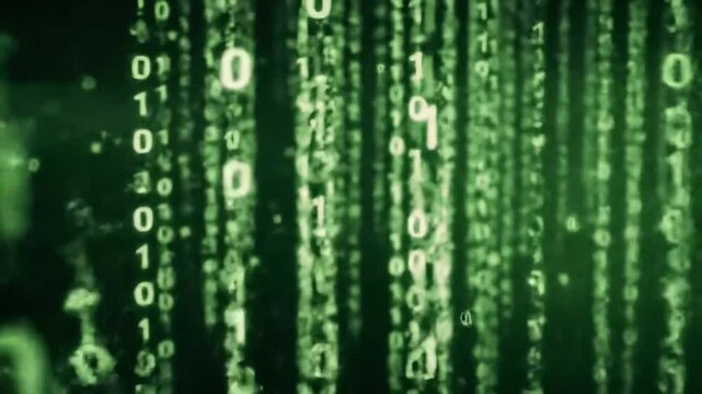 Digital green matrix background with falling binary code, ones and zeros, representing data streams