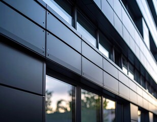 Modern building exterior featuring sleek black paneling and glass windows