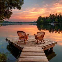 Two wicker chairs sit on a dock facing a serene lake at sunset