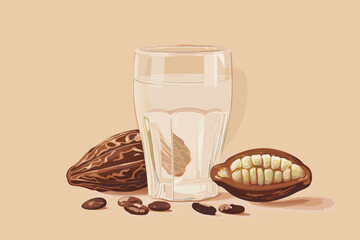 Vector illustration of cacao water in a glass and half of cacao fruit with palm leaves on a peach backdrop