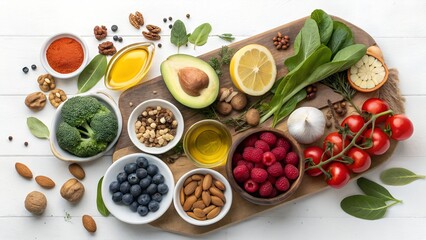 Colorful Organic Fruits and Vegetables,
Healthy Food Assortment on Wooden Table,
Fresh Fruits and Veggies in Heart-Shaped Bowls,
Vibrant Plant-Based Superfoods Display,
background image