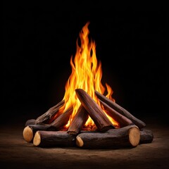 A brightly lit campfire with logs stacked against a black backdrop
