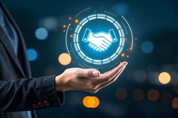 Business handshake icon held in a person s hand with glowing digital interface and bokeh background