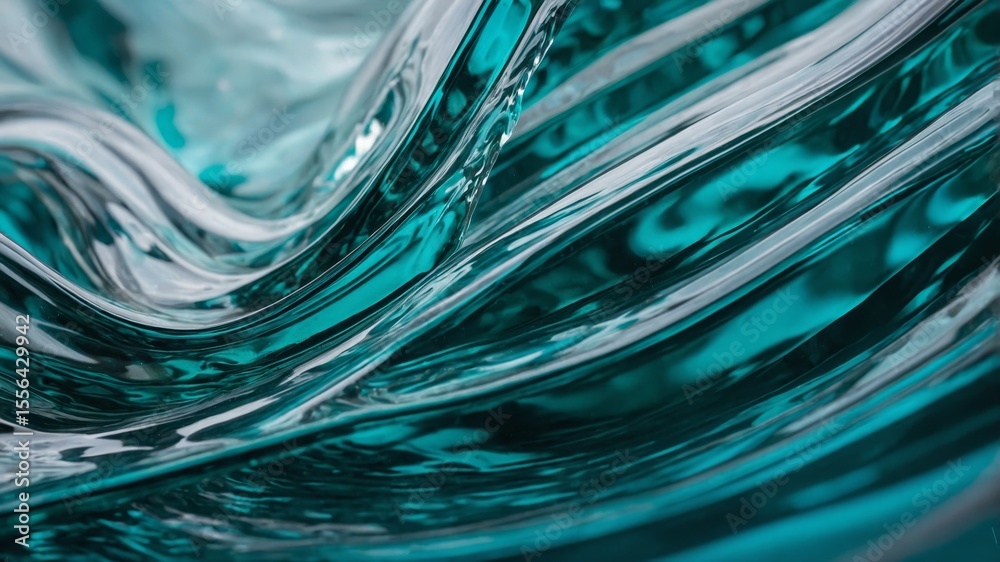 Poster flowing teal glass creating mesmerizing patterns in a tranquil setting, reflecting light and creatin