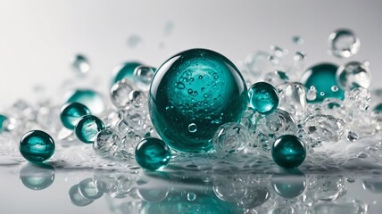 Colorful Glass Orbs and Bubbles Scattered on a Reflective Surface, Creating an Abstract Design With Vivid Teal and Clear Elements in Bright Lighting