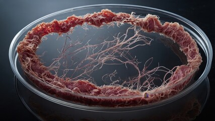 Detailed View of Lab-Grown Muscle Tissue in a Petri Dish Showcasing Innovative Bioengineering in a Modern Research Facility