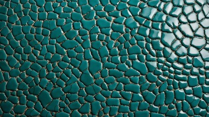 Mosaic of Cracked Turquoise Tiles Showcasing an Intricate Design With Varying Shapes and Textures, Positioned on a Flat Surface Under Natural Light