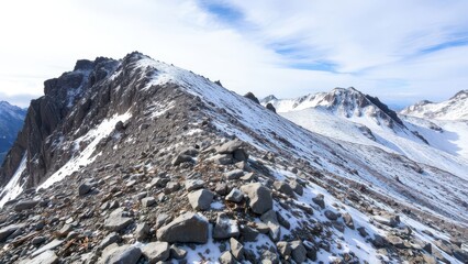 Rocky snow-covered mountain ridge under bright sky
