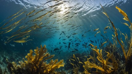 Underwater Life Thrives in a Vibrant Coral Reef With Schools of Fish Swimming Among the Kelp Under Sunlit Waters of a Tropical Ocean