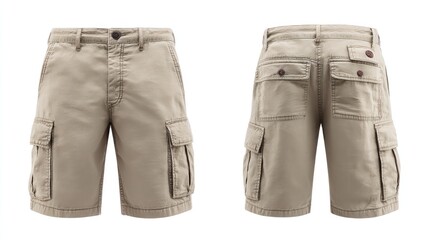 Front and back view of casual cargo shorts, khaki color, flat lay design, clean background for e-commerce