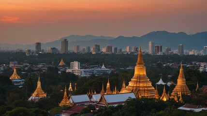 Golden Pagodas Shine Against a Vibrant Sunset Skyline in Yangon, Showcasing Both Traditional and Modern Architecture