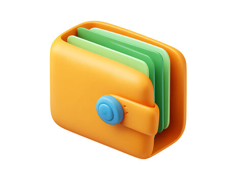 Stylized 3d orange wallet with green cards and blue button isolated on transparent background