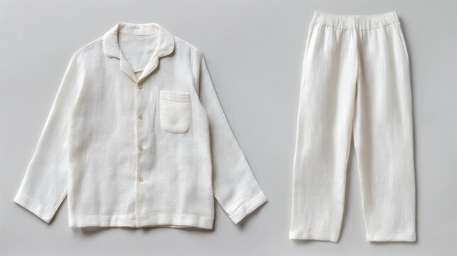 Front and back view of linen pajama set, laid flat, white background, natural texture, minimalist style