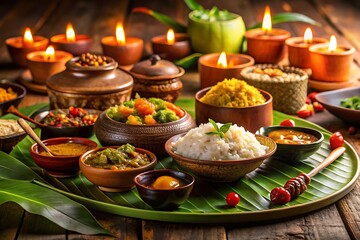 Fototapeta premium Warm Candlelit Scene: Authentic obon festival Cuisine, Aromatic Spices, Rustic Bowls, and Tropical Leaf Platter.