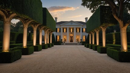 Elegant Mansion Illuminated at Dusk Surrounded by Meticulously Manicured Hedges and Trees Creating a Serene Atmosphere in a Luxurious Garden
