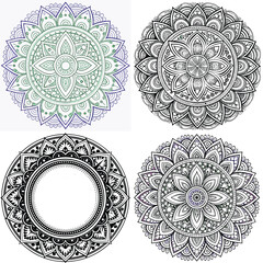 Four Intricate Mandala Designs Green Purple Black White Circular Patterns Ornamental Floral Art