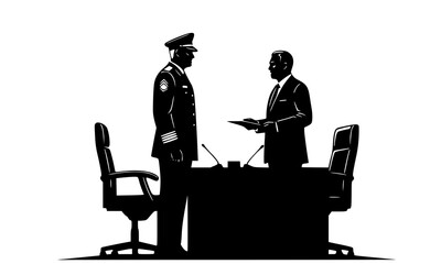 Silhouette captures a police officer with a dignitary in a formal meeting, conveying authority and bureaucracy.