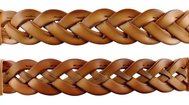Front and back views of a braided leather belt, natural tan color, displayed on a seamless white backdrop