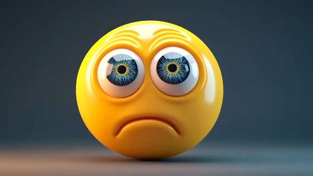 A sad emoji with large, expressive eyes set against a dark gradient background, evoking emotions