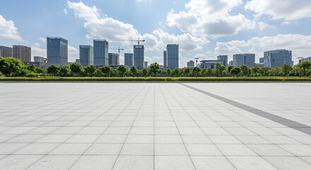 Cityscape plaza with modern buildings and blue sky, urban landscape architecture and outdoor space design