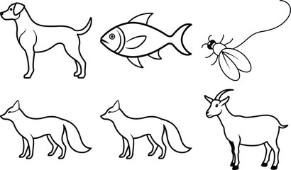 A vector illustration of a farm animal collection featuring a running horse silhouette, dog, and pig alongside wild deer, wolf, and bear icons