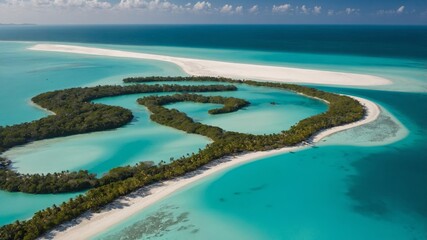 Beautiful Aerial View of a Tropical Island With White Sandy Beaches and Turquoise Waters Under a Clear Blue Sky