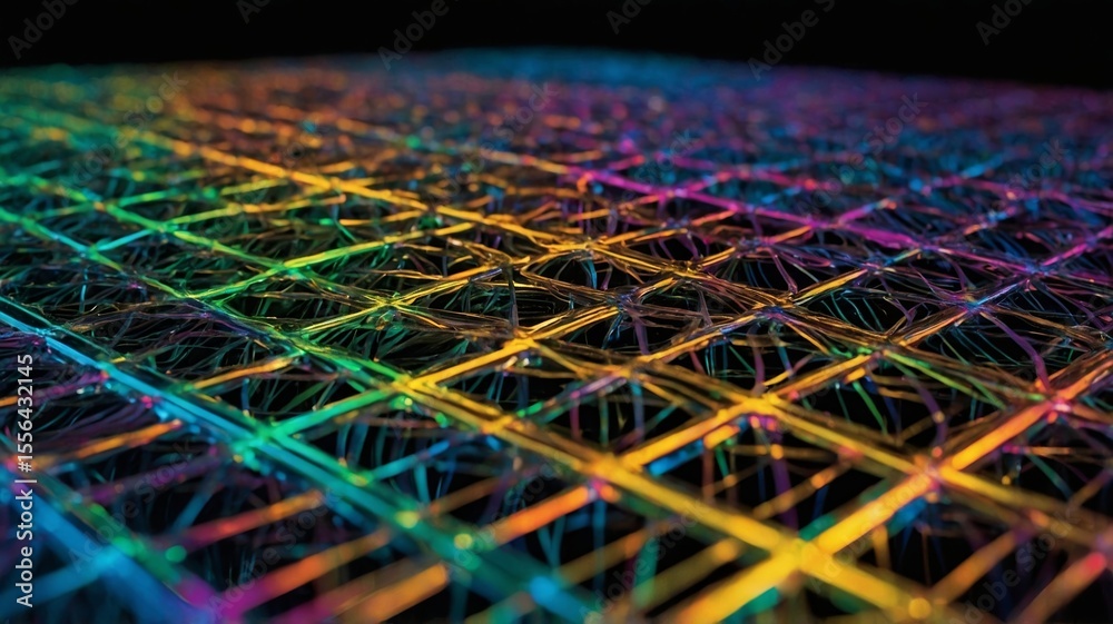 Poster colorful abstract design showcasing intricate patterns of interconnected lines and grids illuminated
