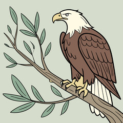 Cute Cartoon Bald Eagle Perched on a Branch